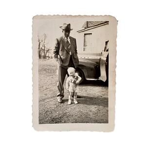 Vtg B&W Original Photo Found 1940s Grandpa & Baby Posing Vehicle Behind Snapshot